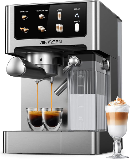 AIRMSEN Espressomachine 20 Bar – Cappuccino & Latte Machine, Dubbelboiler Koffiemachine (1350W & 1000W), Extractie in 15s, Roestvrij Staal, Afneembaar Waterreservoir 1,8L, Touchscreen