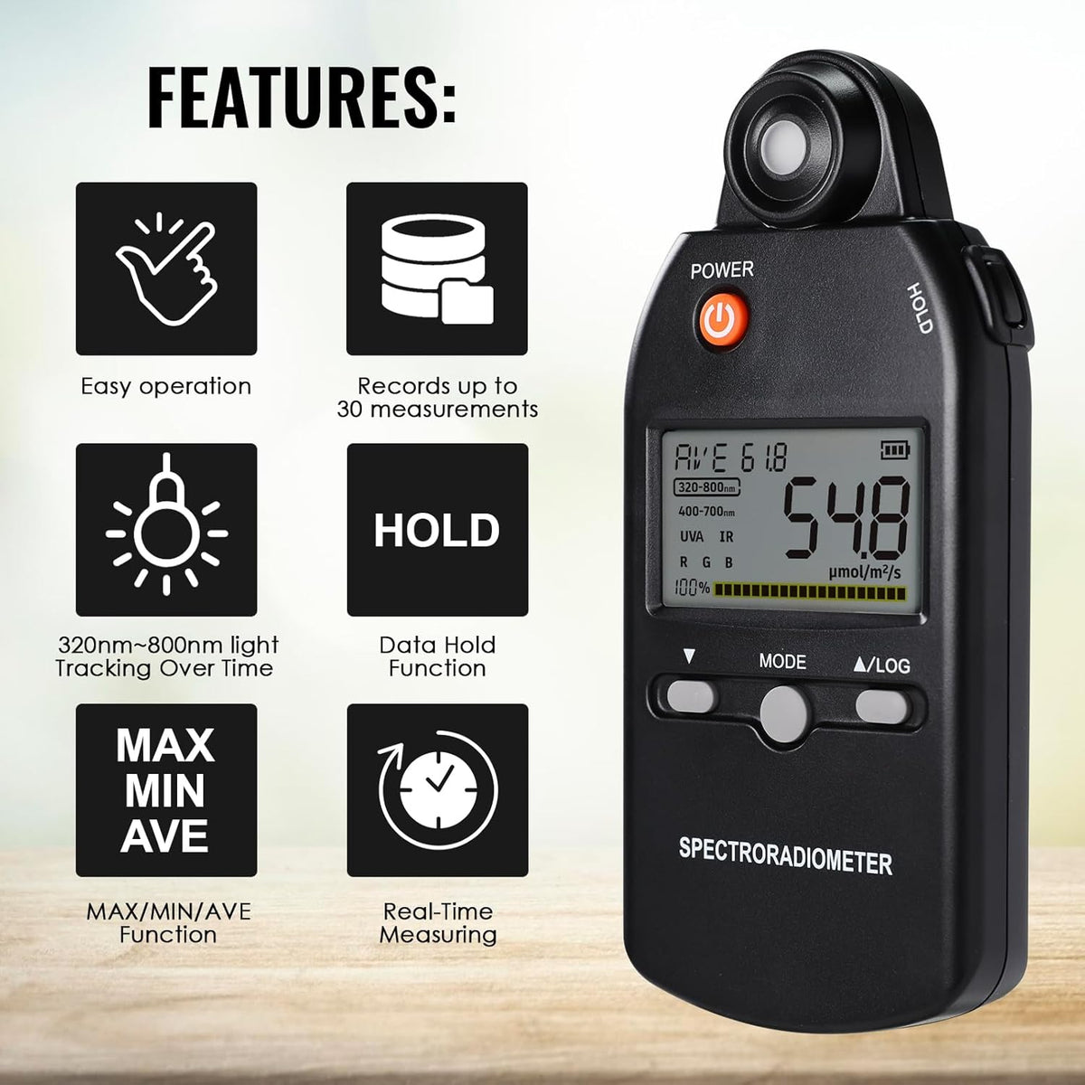 PAR-meter, Spectroradiometer Quantum PPFD-meter, Full-Spectrum Lichtmeting 320-800nm | UV, Zichtbare & IR-analyse, Kleurweergave, Plantengroeitesten | Gegevensrecord, MAX/MIN/AVG, statiefbevestiging