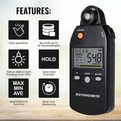 PAR-meter, Spectroradiometer Quantum PPFD-meter, Full-Spectrum Lichtmeting 320-800nm | UV, Zichtbare & IR-analyse, Kleurweergave, Plantengroeitesten | Gegevensrecord, MAX/MIN/AVG, statiefbevestiging