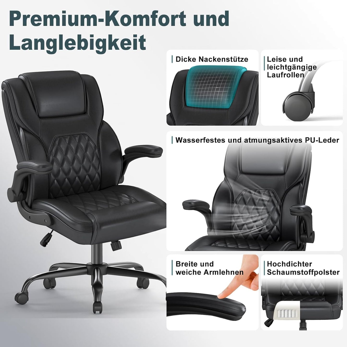 Directiestoel – Bureaustoel – Draaistoel – Werkstoel – Thuiswerkstoel – Ergonomisch Hoogrugontwerp met Lendensteun – Zwart Kunstleer en Inklapbare Armleuningen