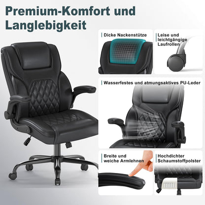 Directiestoel – Bureaustoel – Draaistoel – Werkstoel – Thuiswerkstoel – Ergonomisch Hoogrugontwerp met Lendensteun – Zwart Kunstleer en Inklapbare Armleuningen