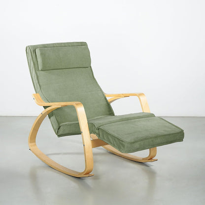 WeHome Swing Amor Schommelstoel met armleuningen van hout, Rocking Chair, schommelstoel met verstelbare voetensteun, woonkamerstoel, slaapkamerstoel (stof, groen)