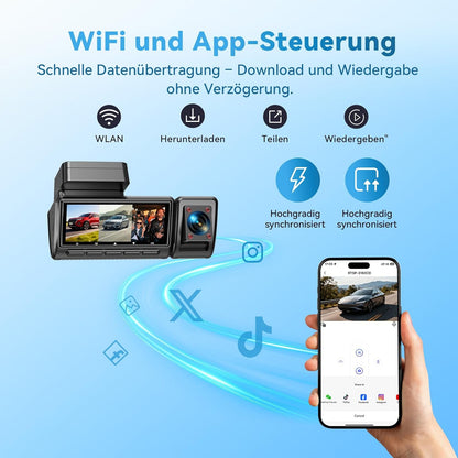 Dashcam Auto, 3 kanaalvoordeuren binnen 4K + 1080P + 1080P Dashcam, 490° Weitwinkel-Rundumbescherming, Auto Camera met 64 GB SD-kaart, 3,16 inch, nachtzicht, WDR, WiFi, G-sensor, loop-opname