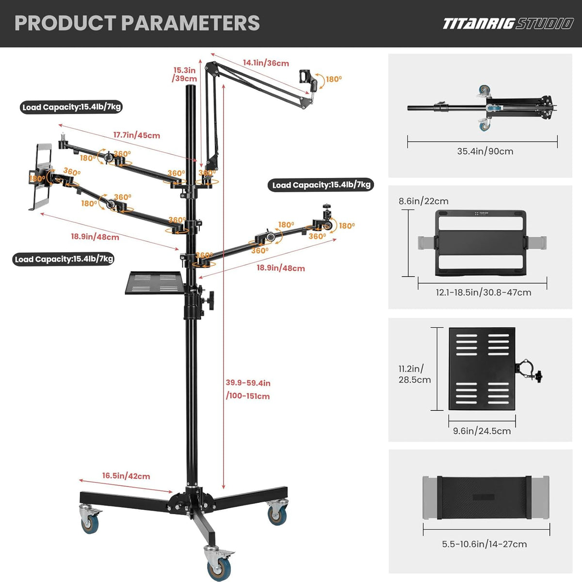 Mobiele Streamingstandaard – Vloerstandaard op Wielen – Vloerstatief – Camerastandaard – Microfoonstandaard – 5-In-1 Modulaire Studio-opstelling – 155 cm Hoog, 3 Vergrendelbare Wielen