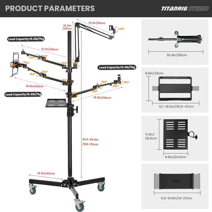 Mobiele Streamingstandaard – Vloerstandaard op Wielen – Vloerstatief – Camerastandaard – Microfoonstandaard – 5-In-1 Modulaire Studio-opstelling – 155 cm Hoog, 3 Vergrendelbare Wielen