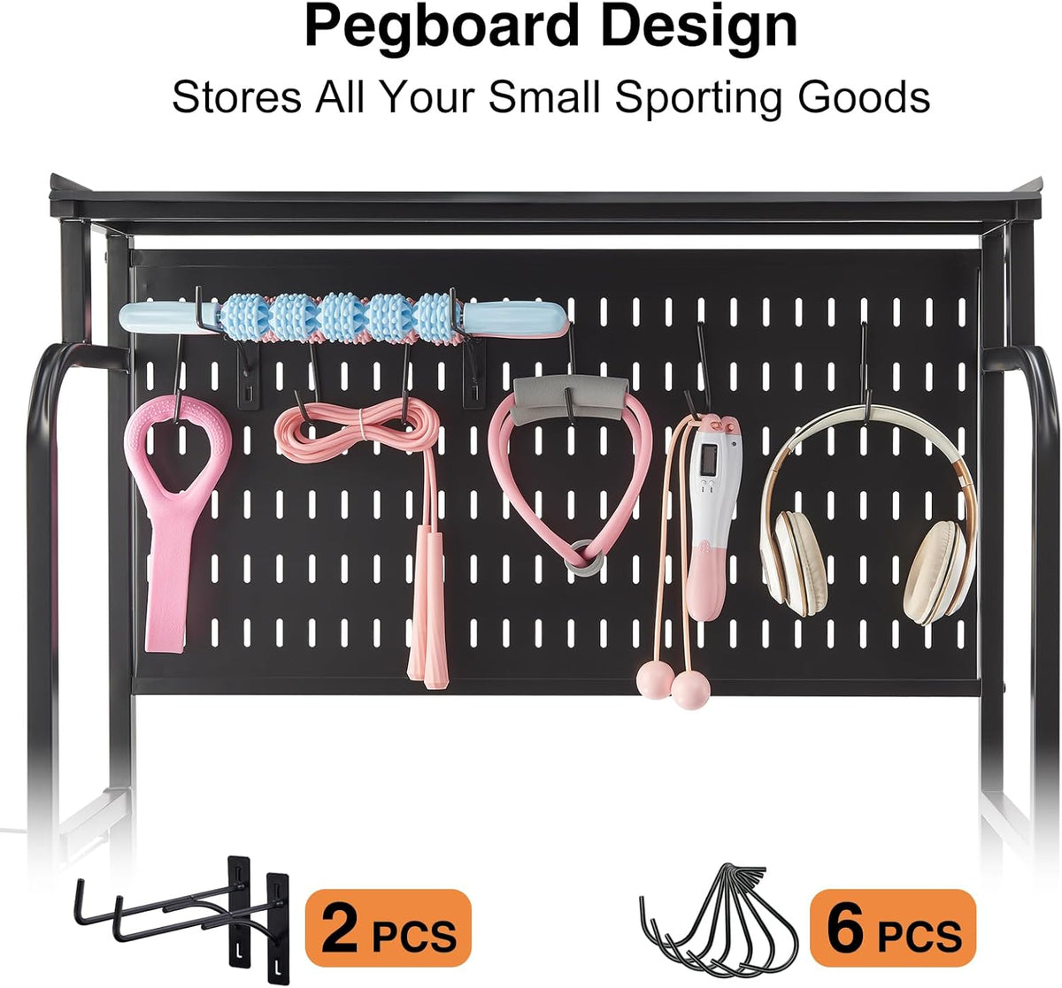 56" Taller Home Gym Storage Organizer, Yoga Mat Storage Rack with Hanging Board, Exercise Workout Equipment Storage Stand for Home Gym, Dumbbell Holder Kettlebell Rack with Wheels and Hooks - QUORE