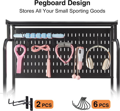 56" Taller Home Gym Storage Organizer, Yoga Mat Storage Rack with Hanging Board, Exercise Workout Equipment Storage Stand for Home Gym, Dumbbell Holder Kettlebell Rack with Wheels and Hooks - QUORE