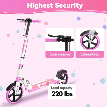 MEEGOO H007D Scooter met schijfrem en dubbele schokdempers, 200 mm PU-wielen ABEC-7 lagers, opvouwbare scooter voor volwassenen 18+, antislip deck - roze/wit/blauw