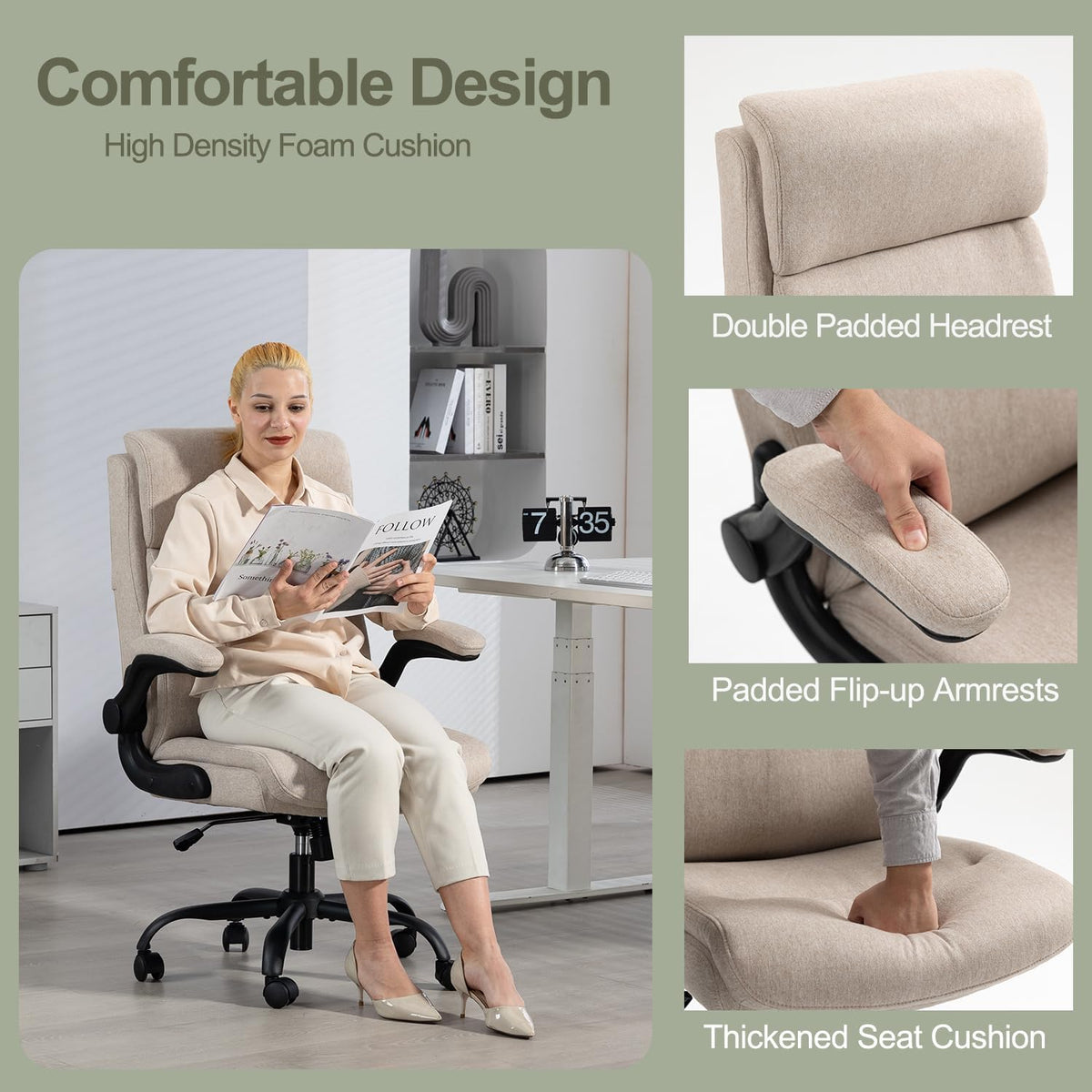 CASTLOVE Stoffen Bureaustoel Ergonomische Computer Bureaustoel Draaibare Brede Executive Office Chair met Opklapbare Armsteun voor Kantoor Thuis (CRÈME)