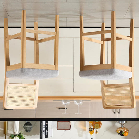 Barstoelen – Barkrukken – Keukenstoelen – Eetkamerstoelen – Set van 2 – Rieten Rugleuning – Comfortabele Chenille Zitting – Massief Houten Poten – Grijs-Naturel - QUORE