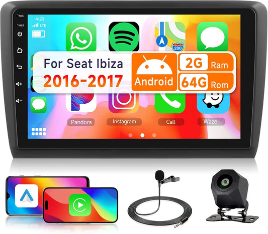 2G 64G VECHEL 9 inch autoradio voor Seat Ibiza 2016-2017 CarPlay, Android Auto, Android 15, equalizer, wifi, GPS, Mirror Link, Bluetooth, RDS/FM-radio met achteruitrijcamera AHD.