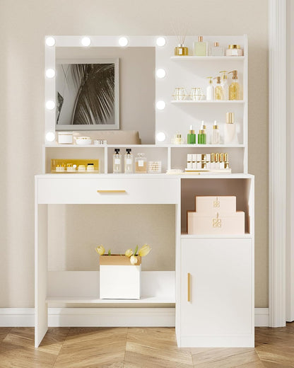 Hzuaneri Makeup Table with Mirror and 10 LED Lamps, Makeup Chest of Drawers with 3 Shelves and 4 Open Compartments, Large Drawer and Cabinet, 3 Adjustable Illumination Levels DT41303XEU