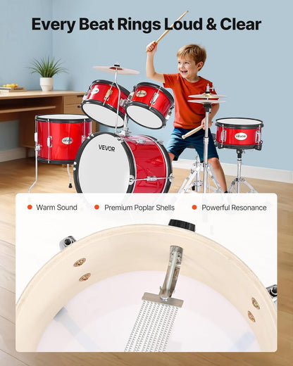 VEVOR Kinderdrumset, 5-delige 16" Junior Drumsets, Beginner Drums Set met Verstelbare Troon, Bekken & Twee Paar Drumsticks, Muzikaal Leren Drums Instrumenten Kit, voor Kinderen Leeftijd 6-13 (Rood)