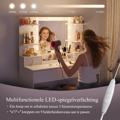 Make-up Tafel – Make-up Bureau – Toiletspiegel – Beautytafel – Schoonheidstafel – LED Spiegel met 10 Dimbare Lampen – 3 Kleuren & 9 Helderheidsniveaus – Laden en Gezoneerde Opslag – Wit 100x40x136 cm