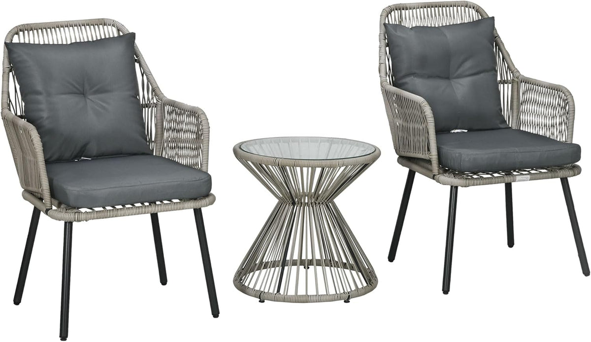 Outsunny Tuinmeubel, bistroset, 3-delig, stalen frame, 2 stoelen + 1 ronde salontafel, kussens, grijs