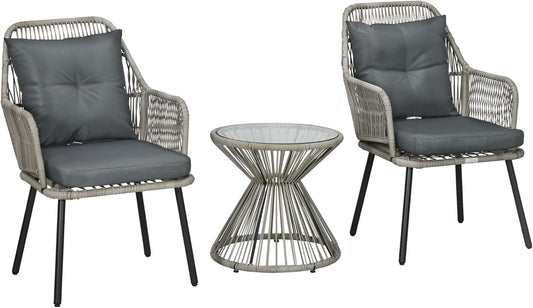 Outsunny Tuinmeubel, bistroset, 3-delig, stalen frame, 2 stoelen + 1 ronde salontafel, kussens, grijs