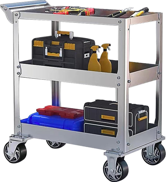 Roestvrij Staal Werkplaats Rolwagen, 3 Etages Mobiele Gereedschapswagen met 500 kg Draagvermogen, Montagewagen voor Garage, Werkplaats, Keuken, 78 x 46 x 92cm