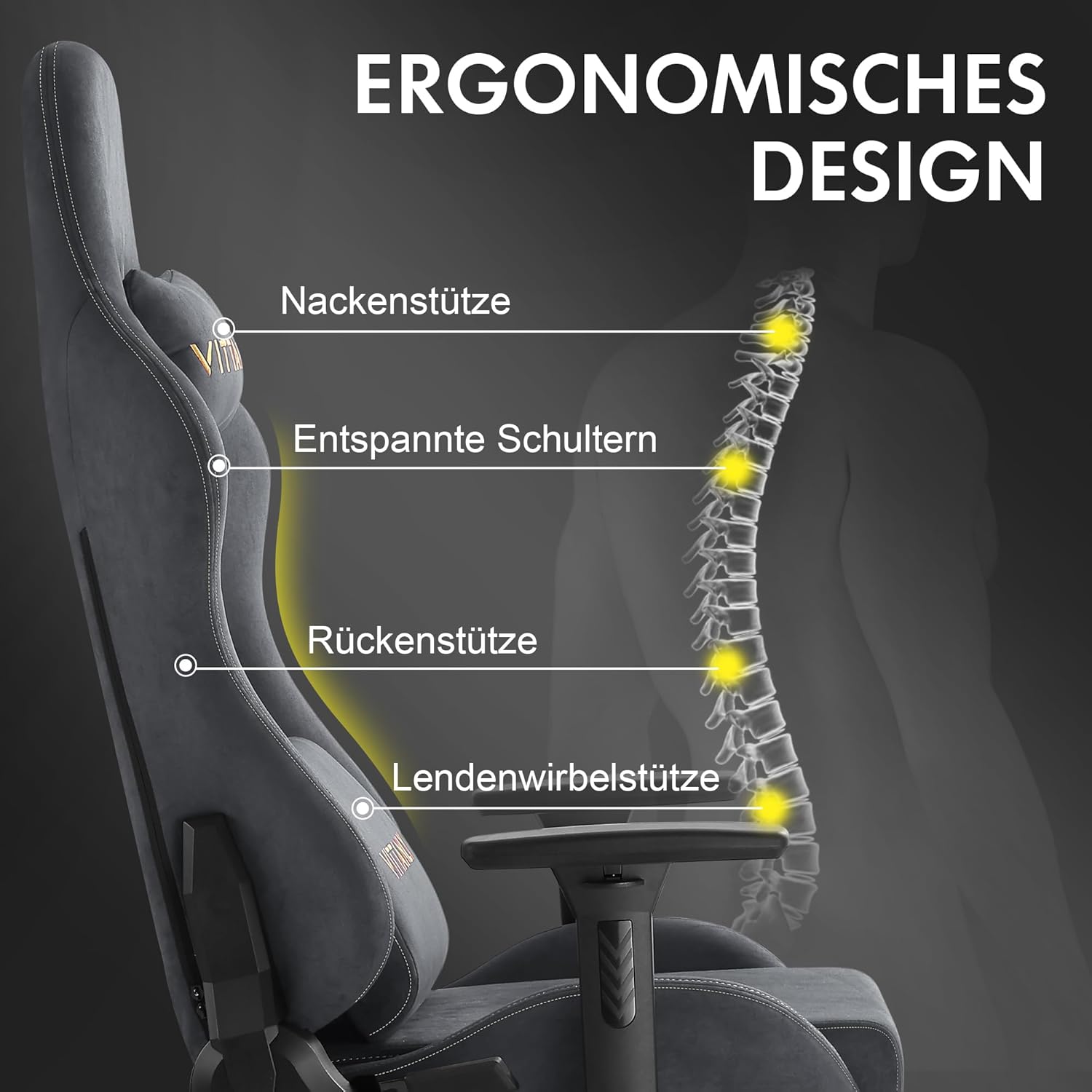 Vittanly Gaming Chair, Luxury Breathable Faux Suede Ergonomic Gaming Chair with Footrest, Headrest and Lumbar Cushion, 3D Armrests, 90-155 Degree Backrest, Grey - QUORE