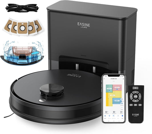 Robot Vacuum Cleaner and Mop with Self Emptying Station, Laser Navigation 5000Pa, 5 Dust Bags Included, Working Time 180min, Automatic Restart, App/Voice/Remote Control, S20 - QUORE