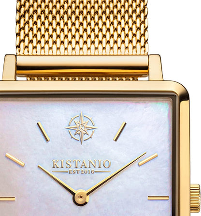 Carre plat dameshorloge met Milanese band, saffierglas, 26 x 28 mm diameter, roestvrij staal, datum in verschillende varianten, goud/parelmoer, armband