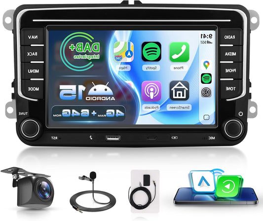 DAB/DAB+ 4G + 64G Car Radio Android 15 for VW Golf 5 6 Passat Jetta Caddy EOS T5 Touran CC Polo, 7 inch HD Screen co Carplay Android Car Wireless GPS WiFi USB Type-C Bluetooth FM RDS Camera - QUORE