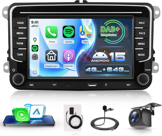 VECHTEL DAB/DAB+ 4G + 64G autoradio Android 15 voor VW Golf 5 6 Passat Jetta Caddy EOS T5 Touran CC Polo, 7 inch HD-scherm co Carplay Android Auto draadloos GPS WiFi USB Type-C Bluetooth FM RDS-camera