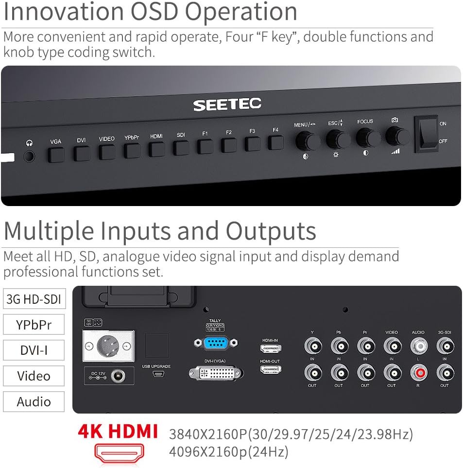 Seetec P173-9HSD Camera Monitor Pro Broadcast 17.3" 4K Ultra HD 1920×1080 Field Video LCD IPS Screen 600:1 High Contrast with 3G-SDI HDMI AV YPbPr DVI - QUORE