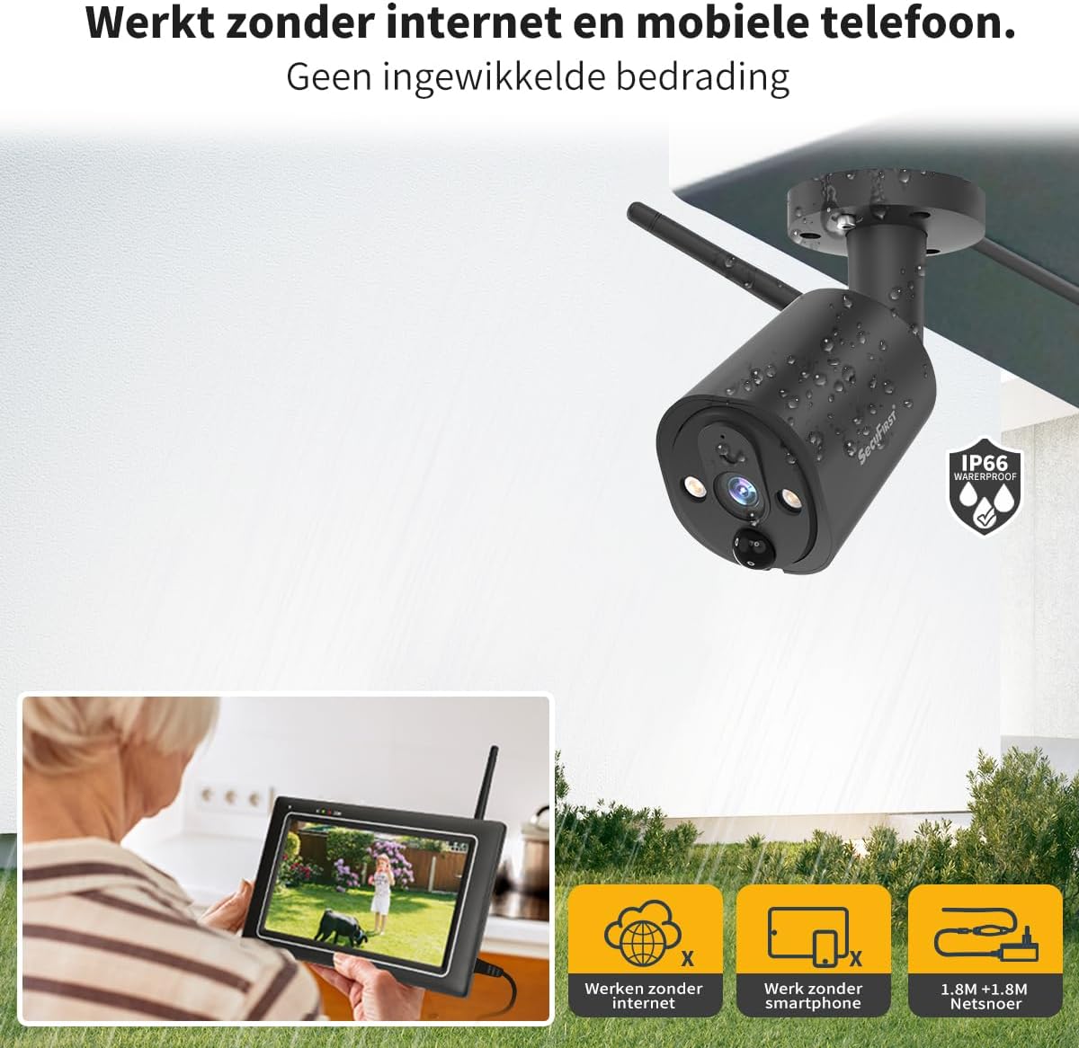 SecuFirst 2K Video Camera Beveiliging Buiten set met Binnenmonitor, 7 Inch Touchscreen Babyfoon met Camera Outdoor, Draadloos Werken zonder Wi-Fi, AI Bewegingsmelder, 64GB Geheugenkaart, Intercom.