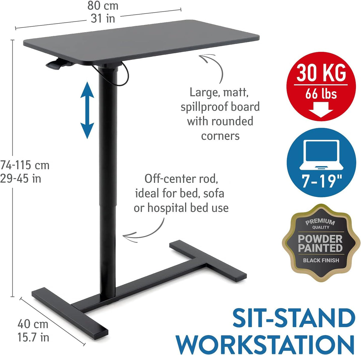 Tatkraft Bliss Airlift Pneumatisch Zit-Staand Laptopbureau met Wielen, Verstelbare Hoogte 73,7 – 114,3 cm Moeiteloos Gaslift Regeling, Mobiele Rolbare Laptopstandaard voor Thuiskantoor, Groot