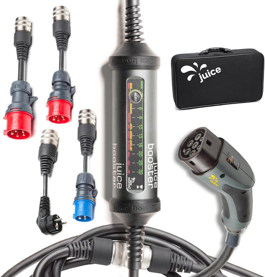 Juice Booster 2 Traveller Set, Mobile Wallbox 22kW Installatievrij, Lader voor EV met Laadkabel Type 2, Superlicht en Flexibel, Waterdicht IP67, Inkl. 3xAdapter CEE 32/16 1-3 Fasen + EU Schuko