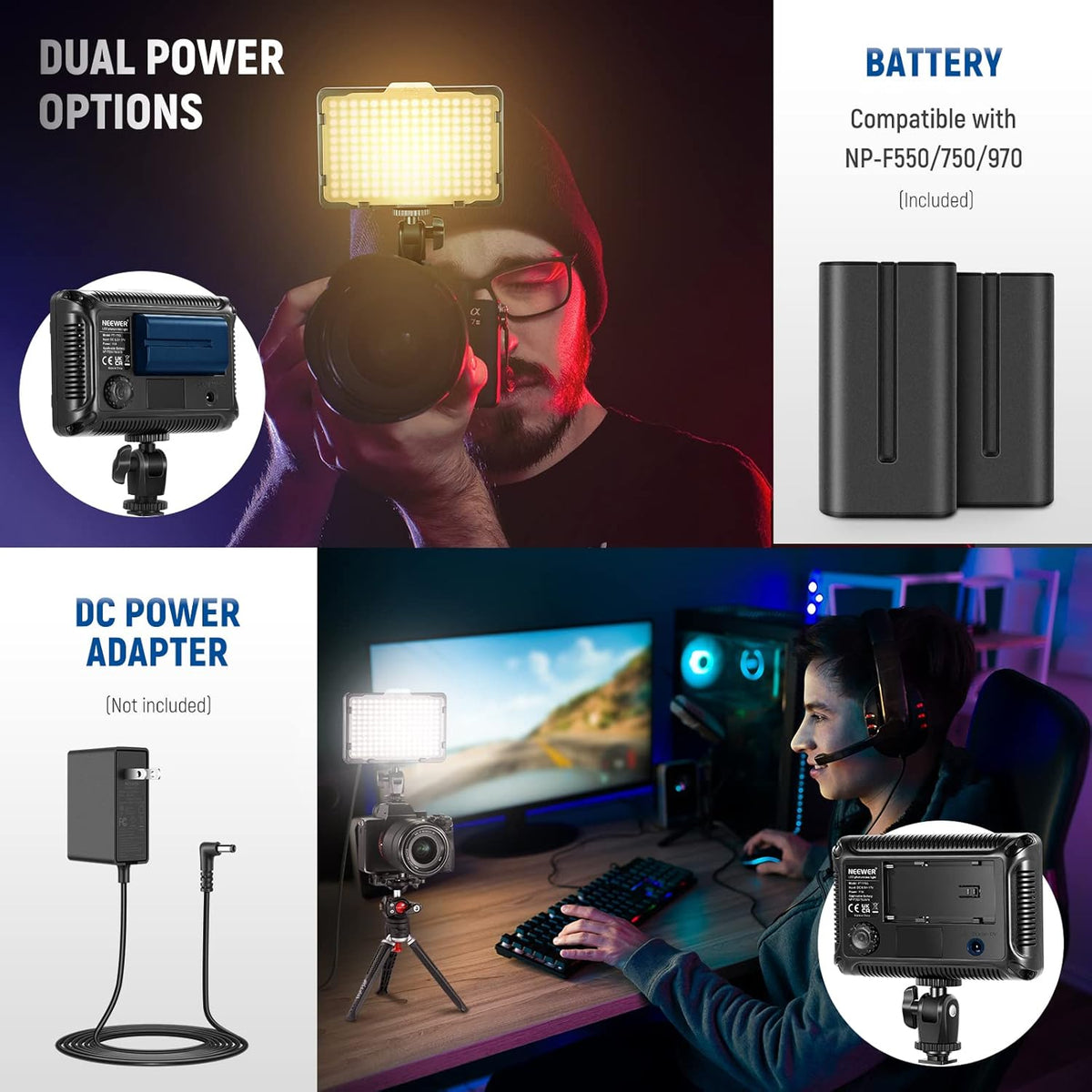 176 LED-Videolamp – Videolicht – LED-Paneel – Daglichtlamp – Fotolamp – Dimbaar 10-100% – Inclusief 2200 mAh Li-Ion Batterij