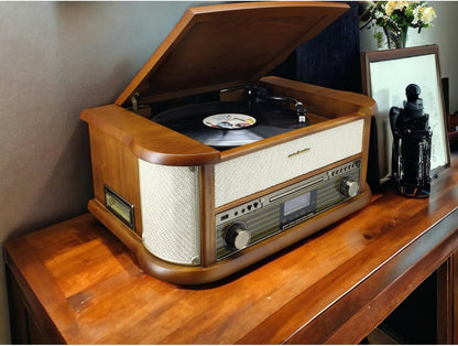 Soundmaster NR566BE 7-in-1 nostalgische stereo-installatie met draaitafel audio Technica magneettonnemmer | digitale radio DAB+ | CD-MP3 | USB | cassette | Bluetooth | digitaliseringsfunctie |