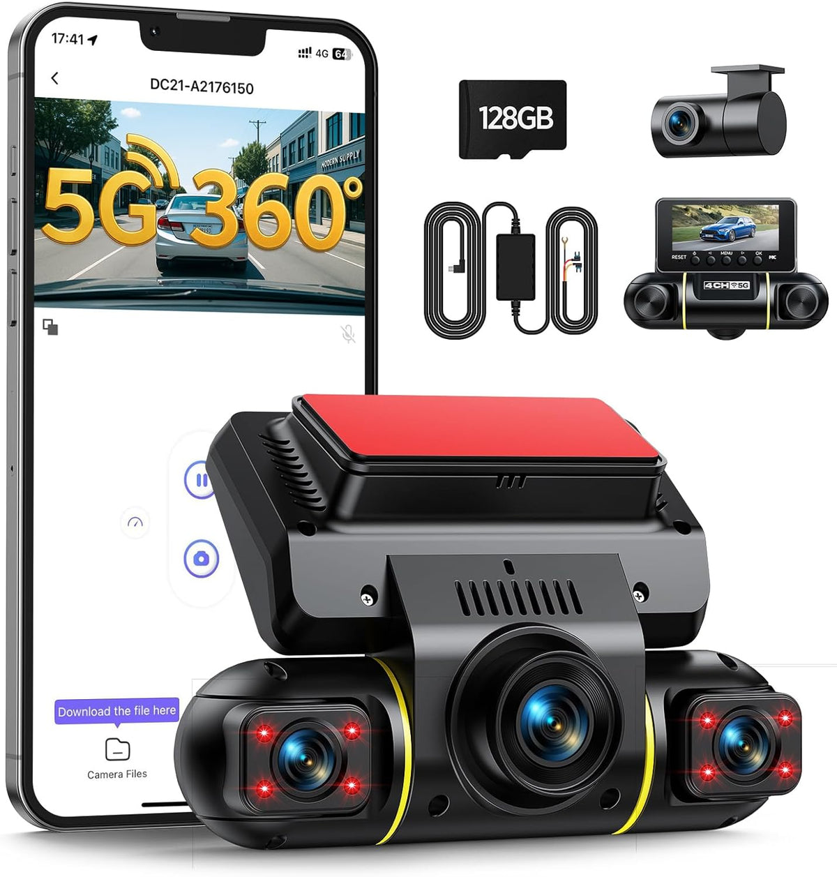 LAMTTO 360 Degree Dash Cam with 4 Channel and WiFi Dashcam Car Front Rear APP Control 4 Channels Built-in Camera Car Parking Monitoring Night Vision IR Cabling Kit for SD 128GB Included - QUORE