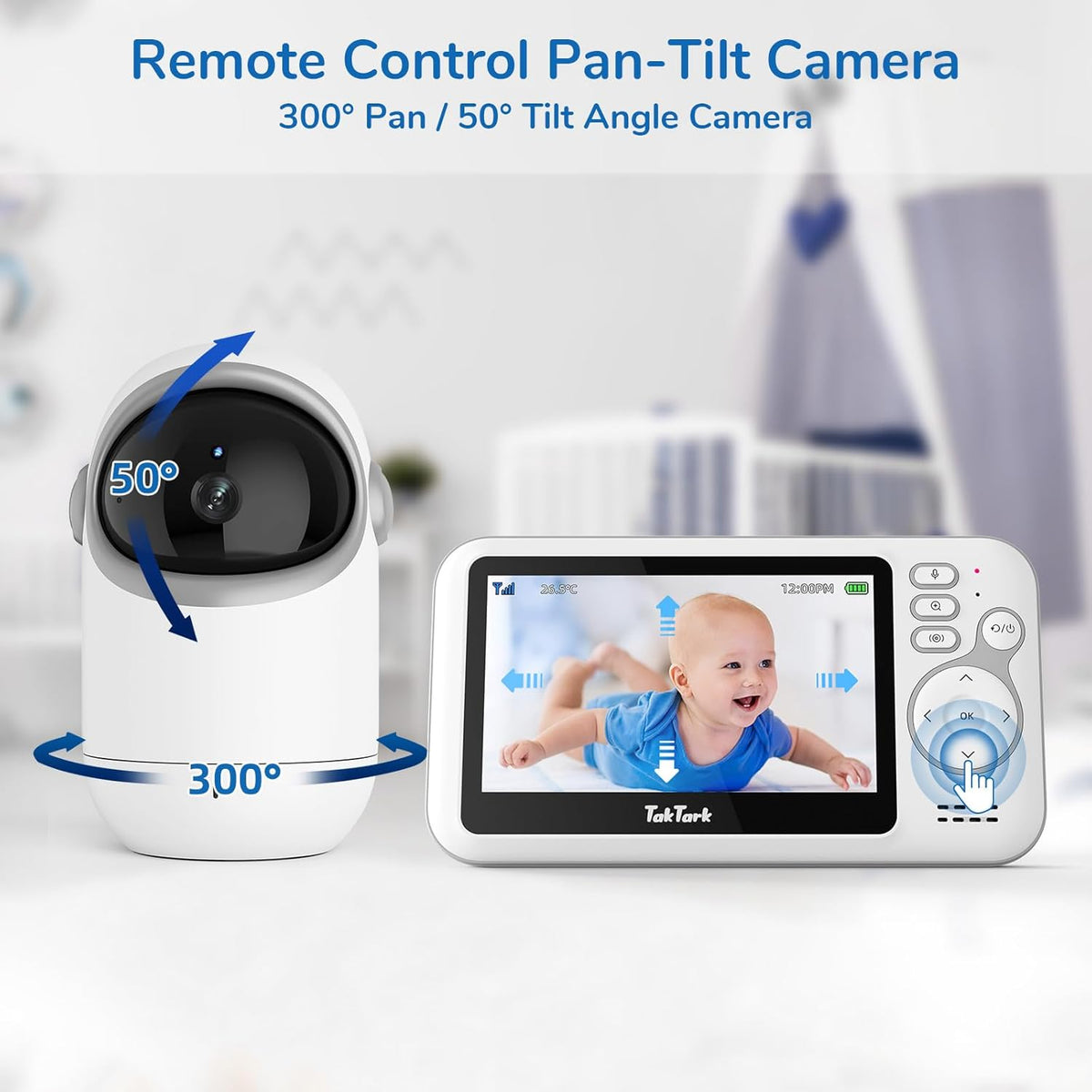 TakTark Babyfooncamera, 4,3 inch videobabyfoons, camera met 300 graden pan-tilt zoom, babycamera, temperatuurbewaking, VOX, nachtzicht, tweerichtingscommunicatie
