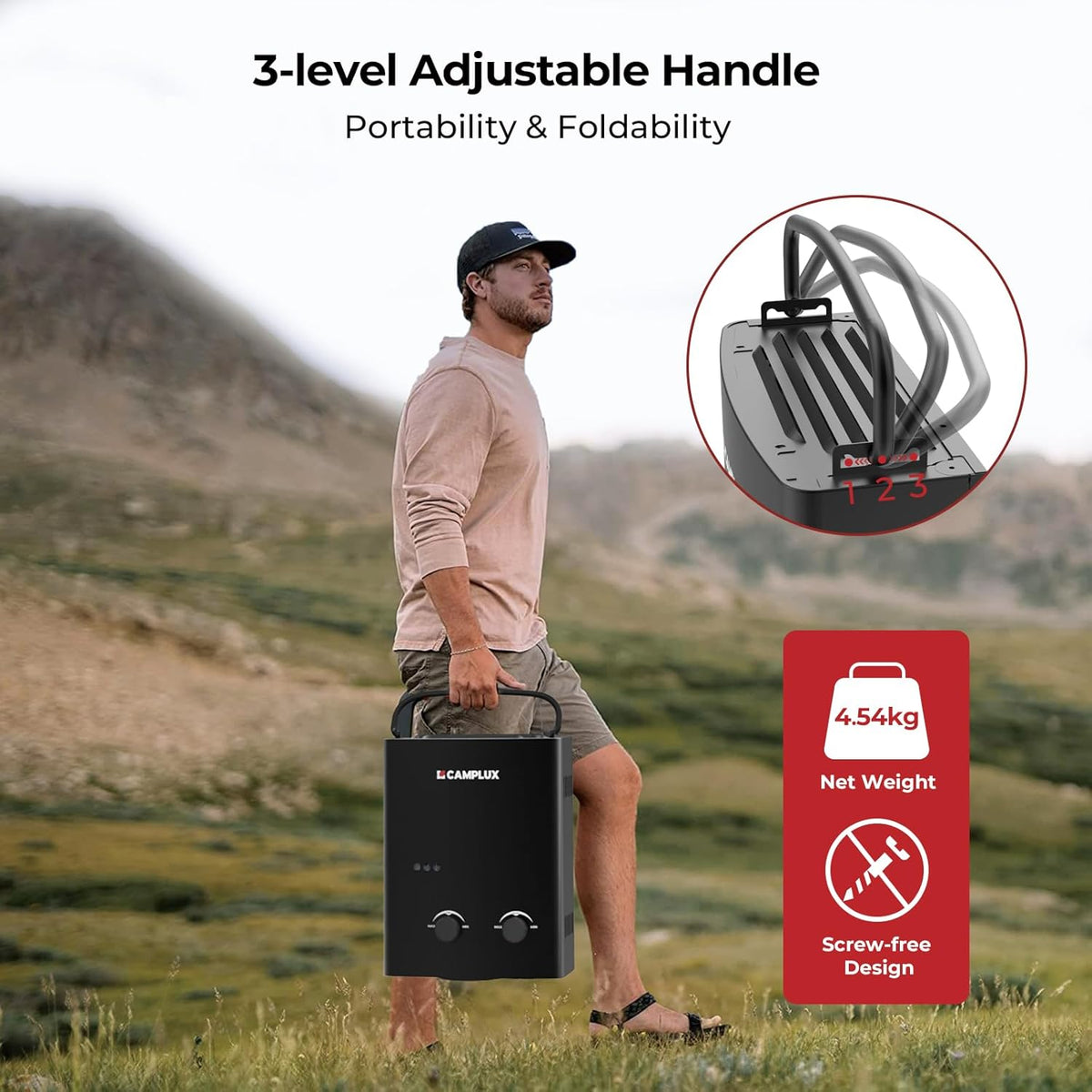 CAMPLUX AY132B 5 L/min Gas Boiler met Verstelbare Handgreep voor Buitendouche/Campers, Butaan (28-30mbar)/ Propaan (37 mbar)