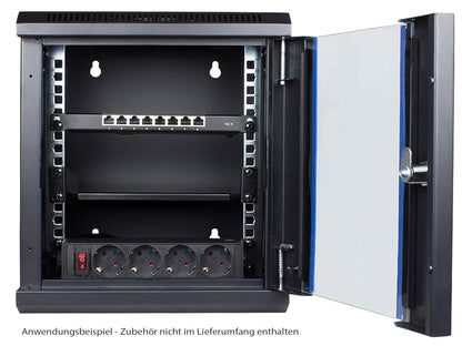 10" wandbehuizing - 12HE - netwerkkast 10 inch - diepzwart (RAL9005) - 312x300x615mm - gemonteerd - afsluitbare veiligheidsglazen deur en zijpanelen - profielrails diepvariabel