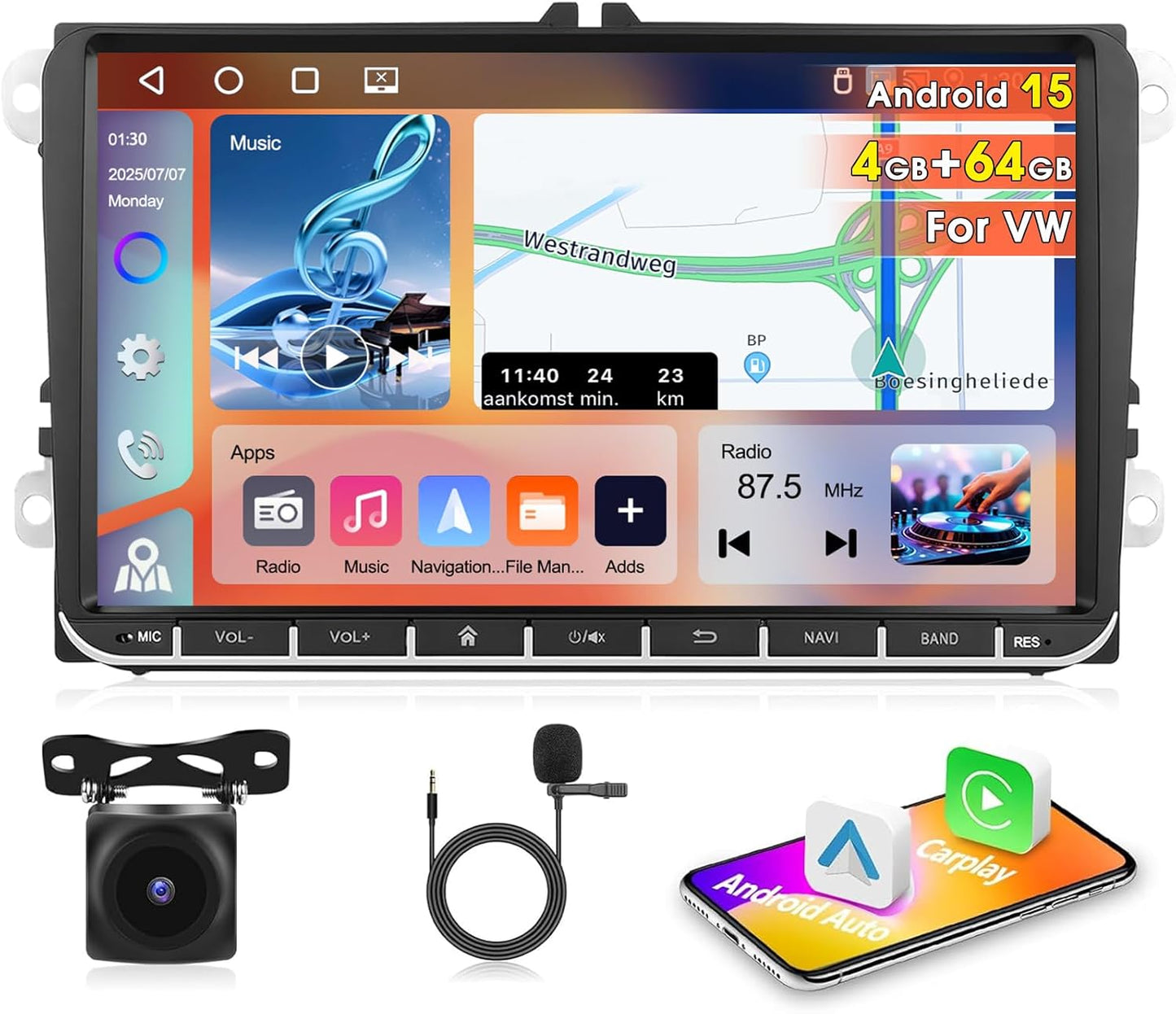 Autoradio – Android Autoradio – 2-DIN Radio – Multimedia Stereo – Touchscreen Radio – 9" HD Scherm – Draadloze CarPlay & Android Auto – Android 15.0 met 4G + 64GB geheugen