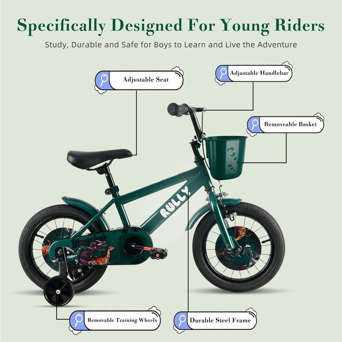 RULLY Dinosaur 16 inch jongensfiets voor kinderen van 4 tot 7 jaar, groen, met afneembare steunwielen, terugtraprem en handrem, mand