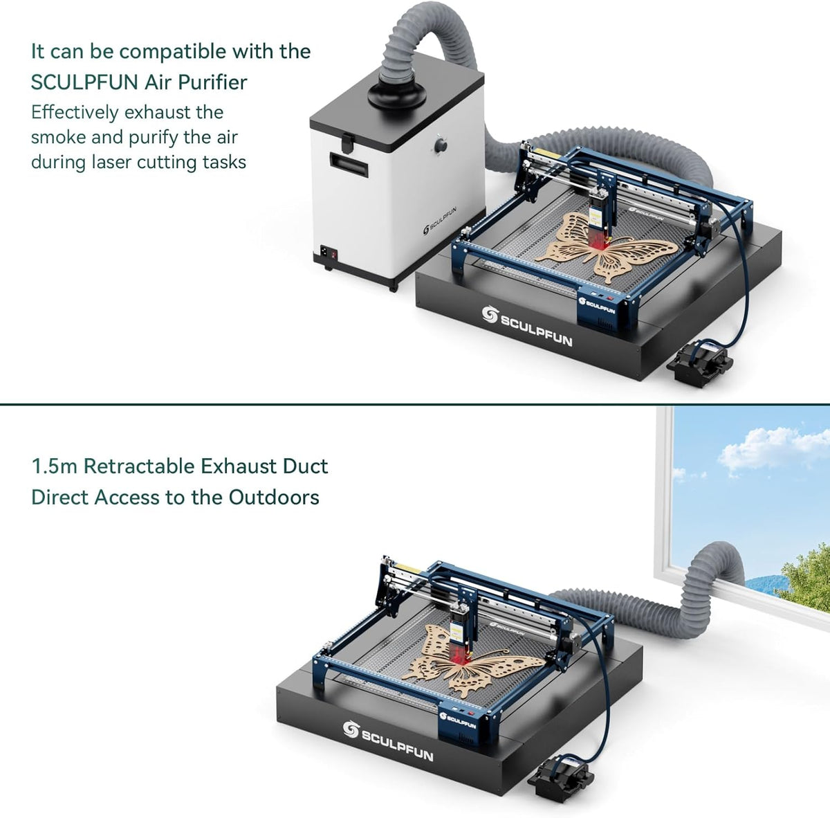 SCULPFUN H5 Lasersnijtafel met honingraatstructuur, 650 x 650 mm rookafzuiging en anti-ag-design voor S9, S10, S30 PRO Ultra SF A9, 40 W lasergraveermachine