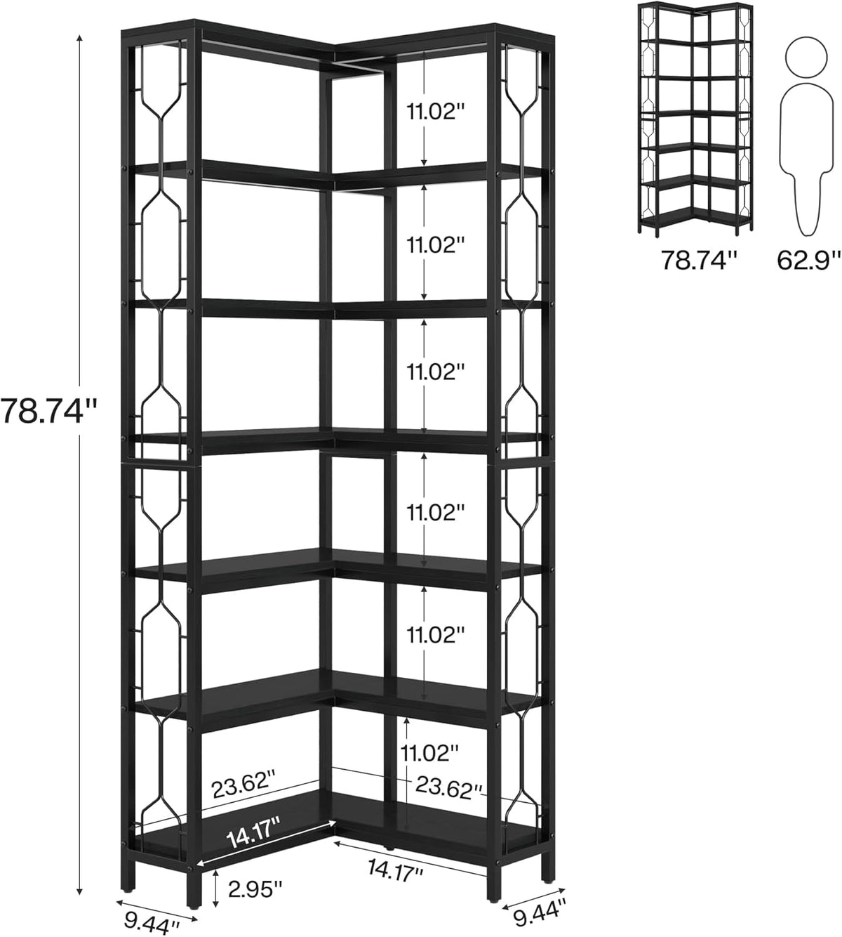 Tribesigns Corner Shelf, 7 Tier Industrial Corner Bookshelf, Wooden and Metal Corner Bookcase, Freestanding Display Shelf for Living Room, Kitchen, Home Office, Black