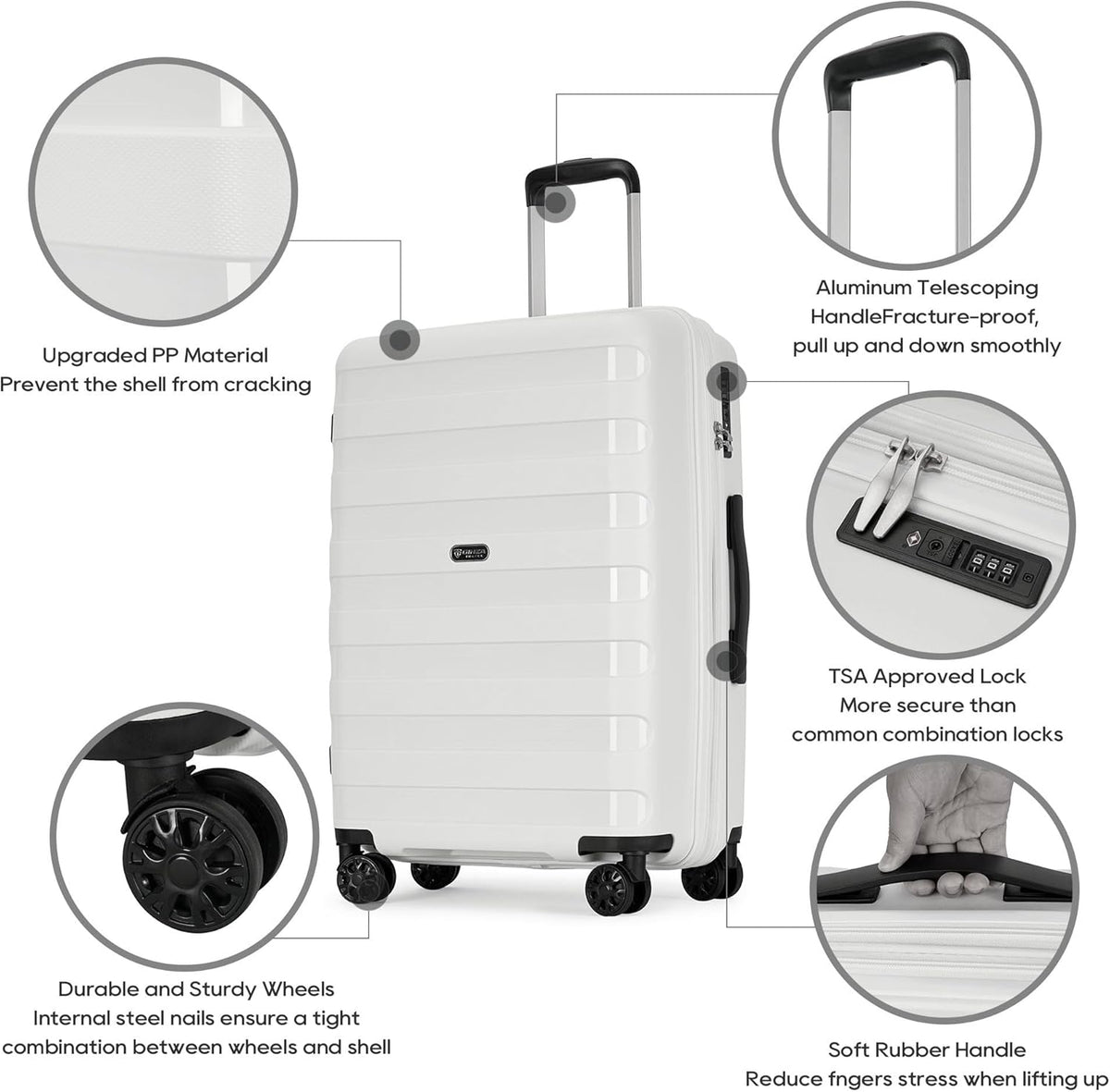 GinzaTravel 3-delige bagageset, wit, met krasbestendig PP-materiaal, uitbreidbaar (alle 20, 24, 28), superlicht, verdikt