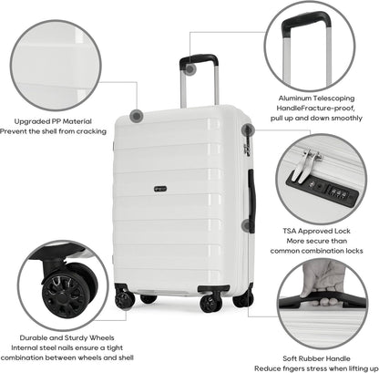 GinzaTravel 3-delige bagageset, wit, met krasbestendig PP-materiaal, uitbreidbaar (alle 20, 24, 28), superlicht, verdikt
