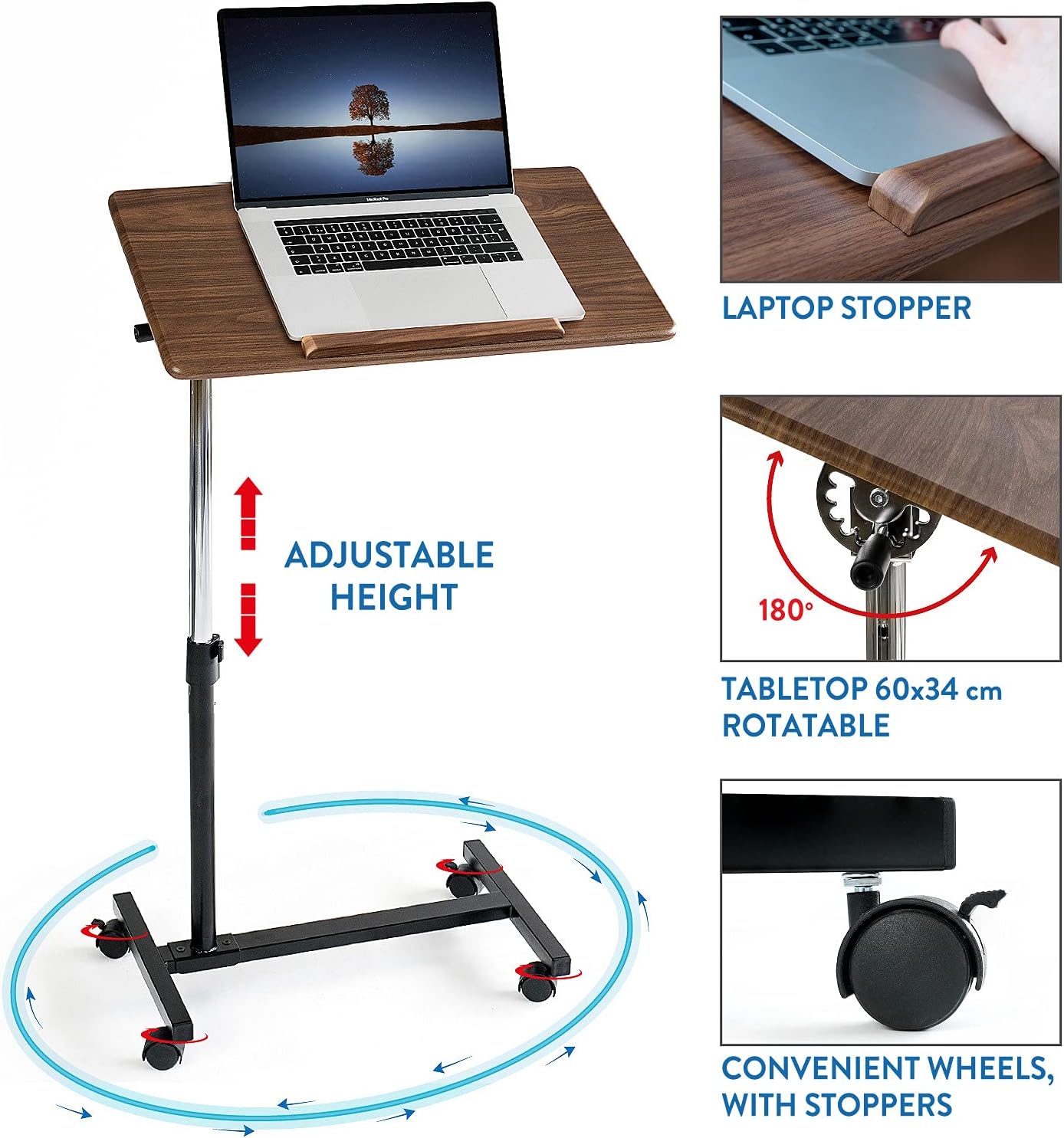 Tatkraft Gain Home Office Mobile Rolling Laptop Desk, Healthcare Overbed Bedside Table with Wheels, Suitable for 7-17" Laptops, Adjustable Height of 71-96cm, Tabletop 360° Rotatable and 160° Tilt - QUORE