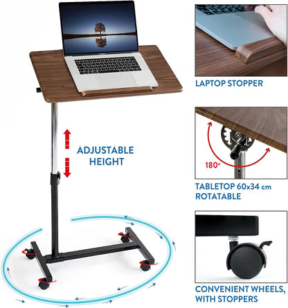 Tatkraft Gain Home Office Mobile Rolling Laptop Desk, Healthcare Overbed Bedside Table with Wheels, Suitable for 7-17" Laptops, Adjustable Height of 71-96cm, Tabletop 360° Rotatable and 160° Tilt - QUORE