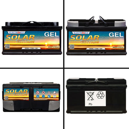 Electronicx GEL Zonnebatterij 120Ah 12V – Deep Cycle huishoudaccu, 120 Ah 12 Volt zonne-accu voor eilandinstallaties, camper, boot, fotovoltaïsch, cyclisch vast, afmetingen: 353×175×190 mm