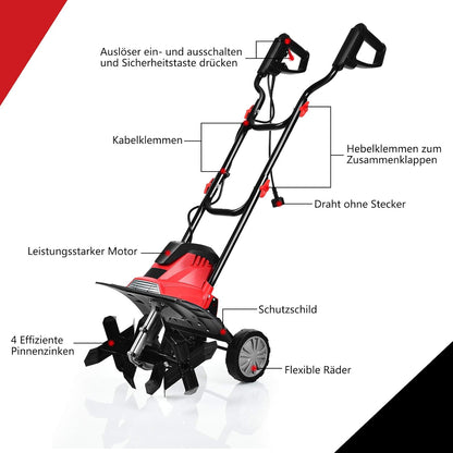 FANTASK 1200 W elektrische grondhak rood, tuin motorhak elektrisch met veiligheidsschakelaar, vloerfrees tuinfrees tuinhak 22 cm werkdiepte en 35 cm werkbreedte