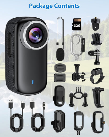 Mini Action Cam 4K WiFi, 32 GB bodycam lichaamscamera met scherm, 150° onderwatercamera, 30 m, kleine sportcamera, motorfiets, helmcamera, actiecamera, vlog, videocamera, multifunctionele accessoires
