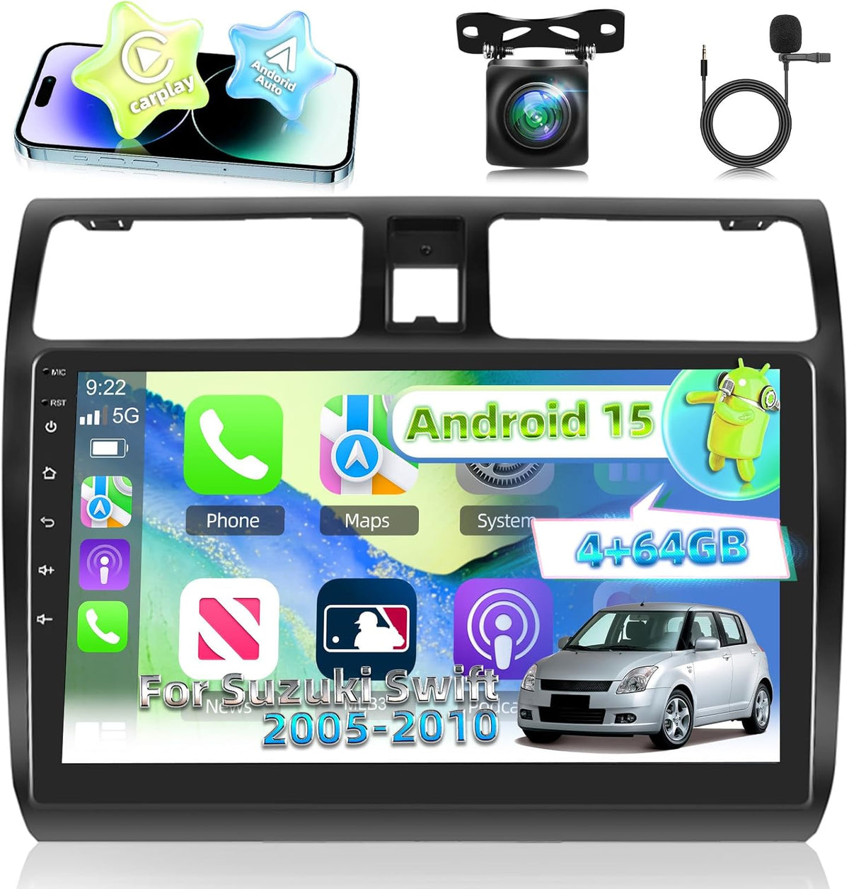 [4G+64G] Android Car Radio for Suzuki Swift 2005-2010 with Wireless Carplay & Android Auto, 10 inch IPS Touch Screen Car Stereo with GPS, WiFi, 32EQ, Bluetooth 5.0, FM/RDS Radio