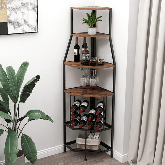VEDECASA Hoekwijnrek met 5 niveaus, met glazenhouder en wijnopslag, industrieel wijnrek, rek voor keuken, bar, kelder, eetkamer, vintage bruin, zwart