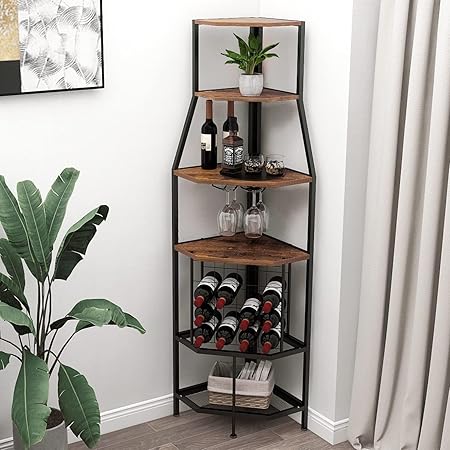 VEDECASA 5 Tier Corner Wine Rack with Glass Holder and Wine Storage Industrial Wine Rack Rack for Kitchen Bar Cellar Dining Room Vintage Brown Black - QUORE